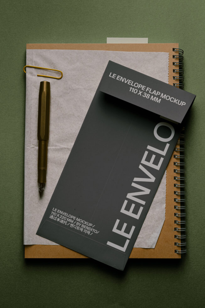 Lee envelope flap mockup 110x38mm with brass pen, clip, spiral notebook on green desk