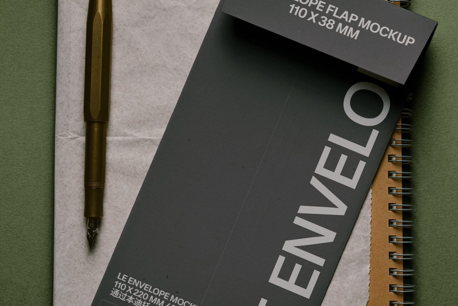Flat lay of dark envelope mockup with pen, notebook, plus textured paper on green background