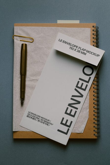 Lee envelope flap mockup 110x38mm on desk with pen, notebook, kraft folder