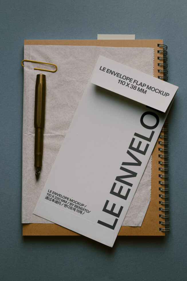 Lee envelope flap mockup 110x38mm on desk with pen, notebook, kraft folder