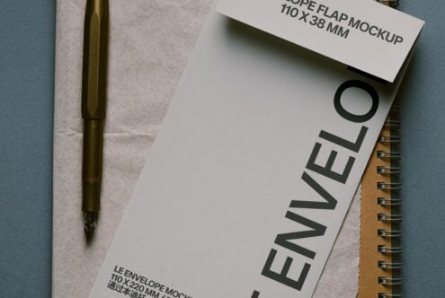 Envelope mockup with brass pen, spiral notebook, showing 110x38mm flap size on textured background