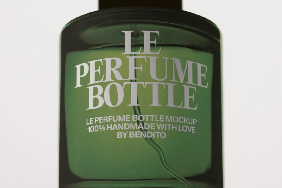 Dark green glass perfume bottle mockup with serif label text on gradient background