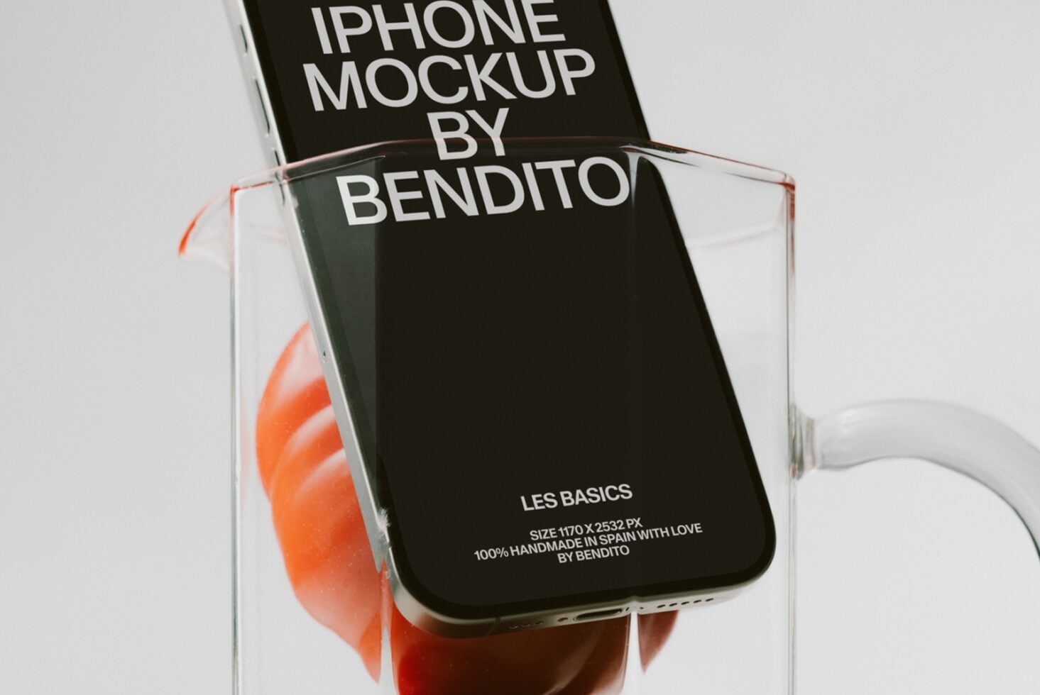 iPhone mockup with black screen displayed in clear case with orange accent details