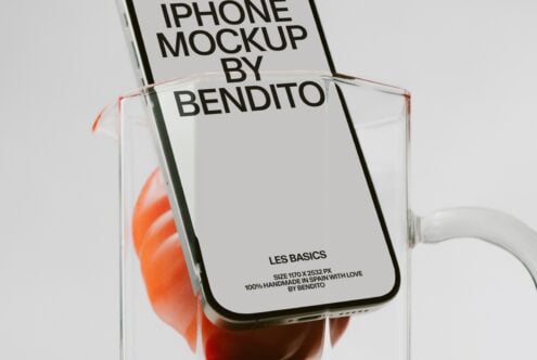 iPhone mockup with bright orange abstract shape visible through clear case on gray background