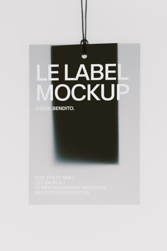 Hanging black price tag mockup with white text overlay on gray background