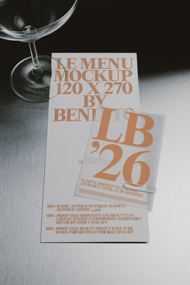 Elegant menu mockup displayed with a martini glass on metallic surface