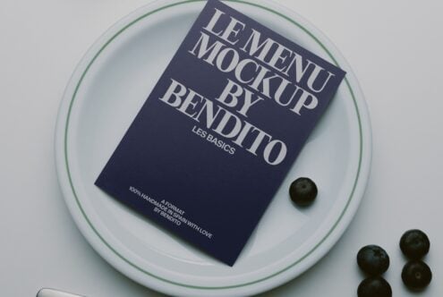 Navy book mockup on white plate with green rim, olives scattered beside
