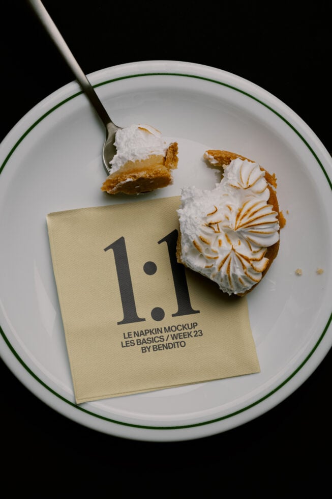 Napkin mockup with meringue desserts on a plate with fork, styled product shot