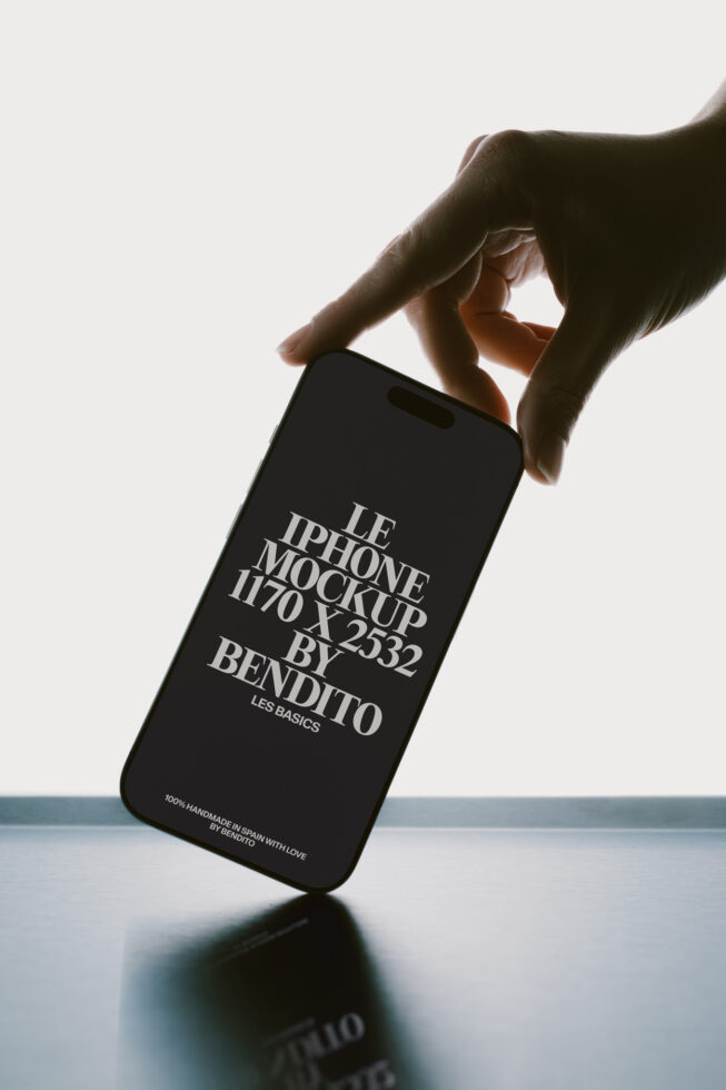 Hand holding black iPhone with white typography mockup on minimal background