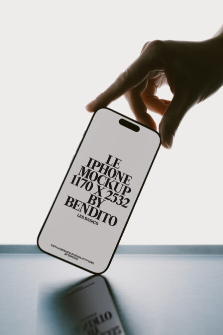 Hand holding iPhone 14 Pro mockup with clean minimal branding display on screen
