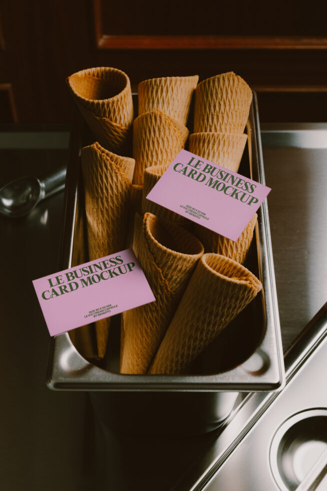 Pink business cards draped on textured wooden rolls in a metal tray, moody lighting