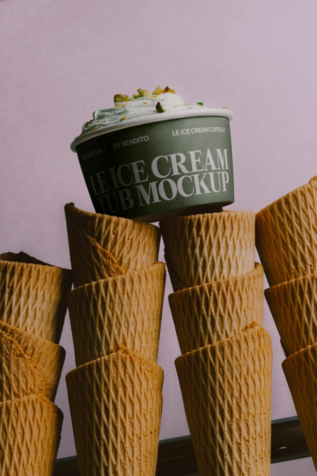 Dark green ice cream cup mockup balanced on waffle cones with pistachio topping, lavender background