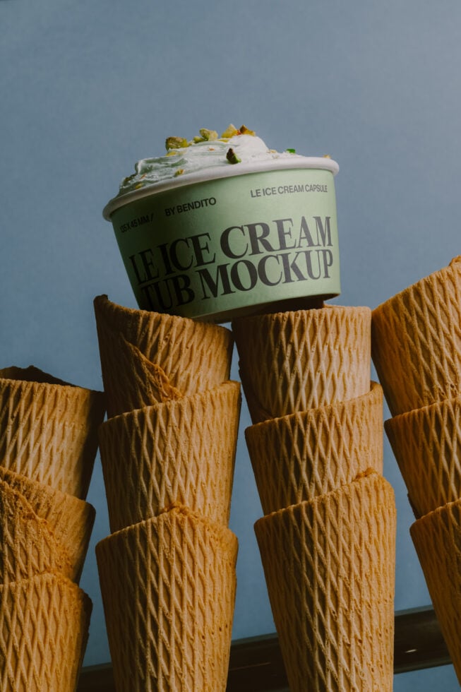 Mint ice cream tub mockup balanced on waffle cones against blue sky
