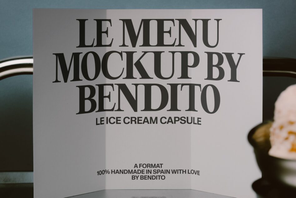 Elegant French menu card mockup with serif typography, ice cream bowl styling, soft neutral tones, handmade aesthetic