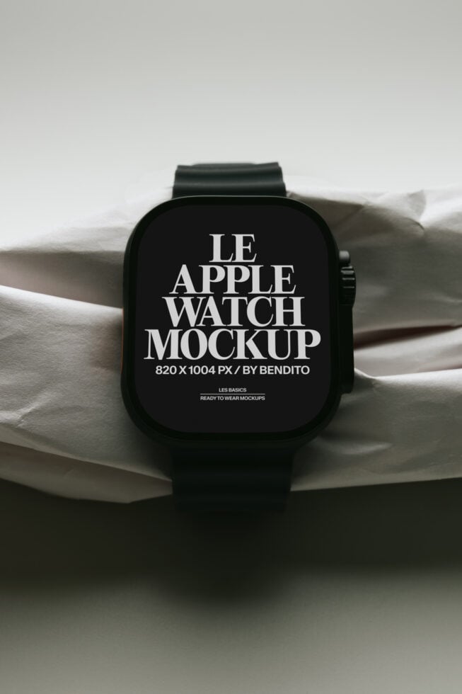 Black Apple Watch on white fabric with serif typography mockup display