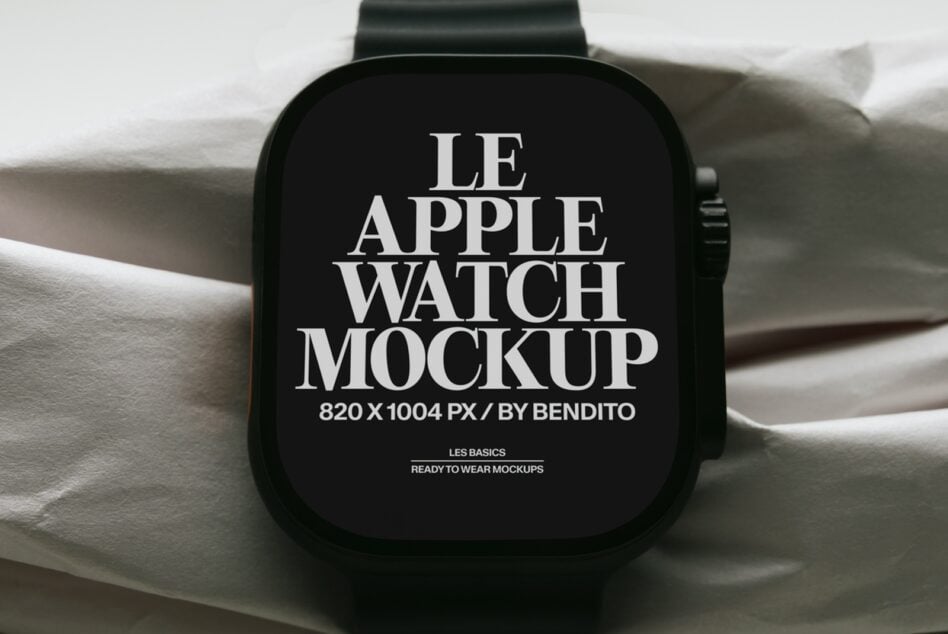 Black Apple Watch on cream fabric showing serif typography mockup display