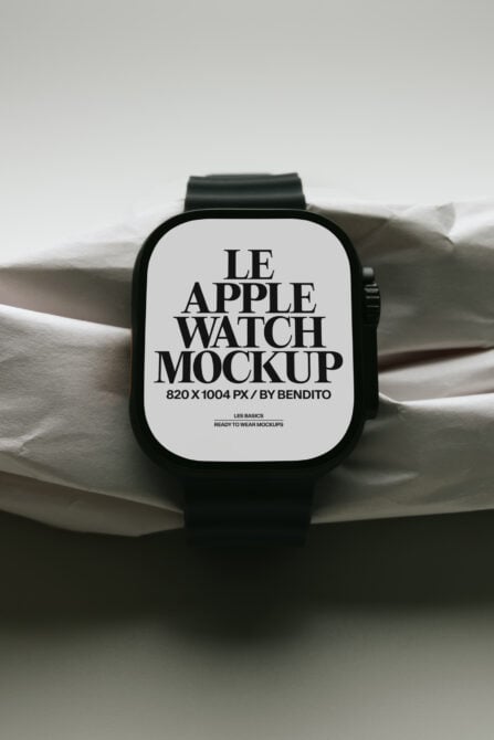 Black Apple Watch on white fabric with serif typography mockup display