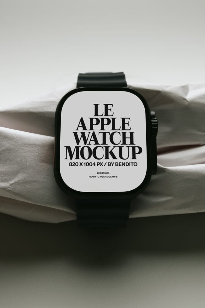 Black Apple Watch on white fabric with serif typography mockup display