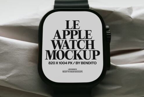 Black Apple Watch on linen showing serif typography mockup on screen
