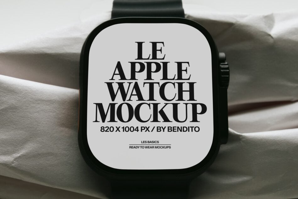 Black Apple Watch on linen showing serif typography mockup on screen