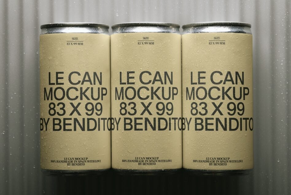 Three condensation-covered beverage cans with cream labels, black typography, metallic tops on gray background