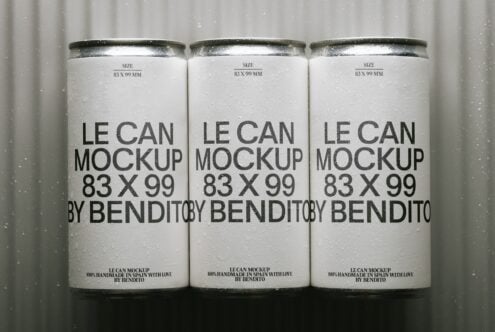 Three condensation-covered aluminum cans with minimalist black text on white label mockup