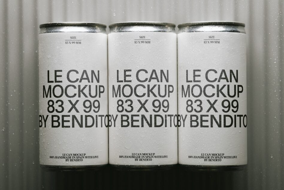 Three condensation-covered aluminum cans with minimalist black text on white label mockup