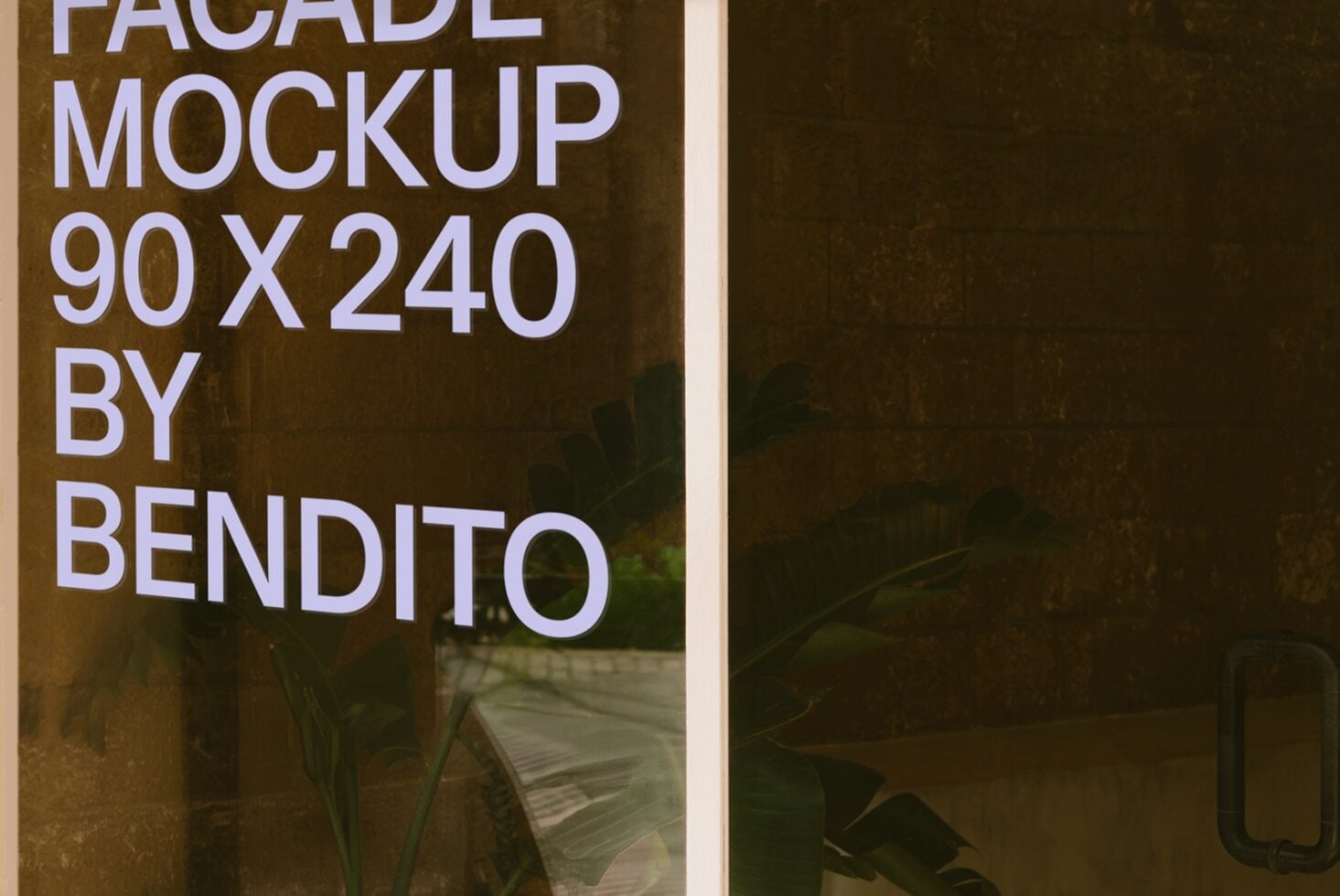 Building facade mockup 90x240 showing white sans serif text on earthy textured surface with plants