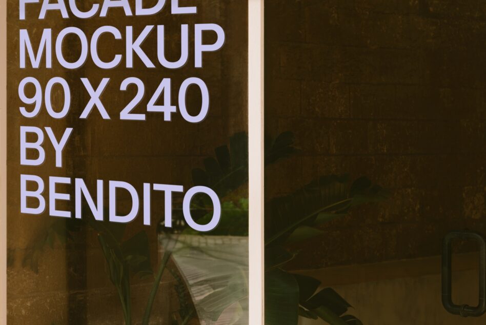 Building facade mockup 90x240 showing white sans serif text on earthy textured surface with plants