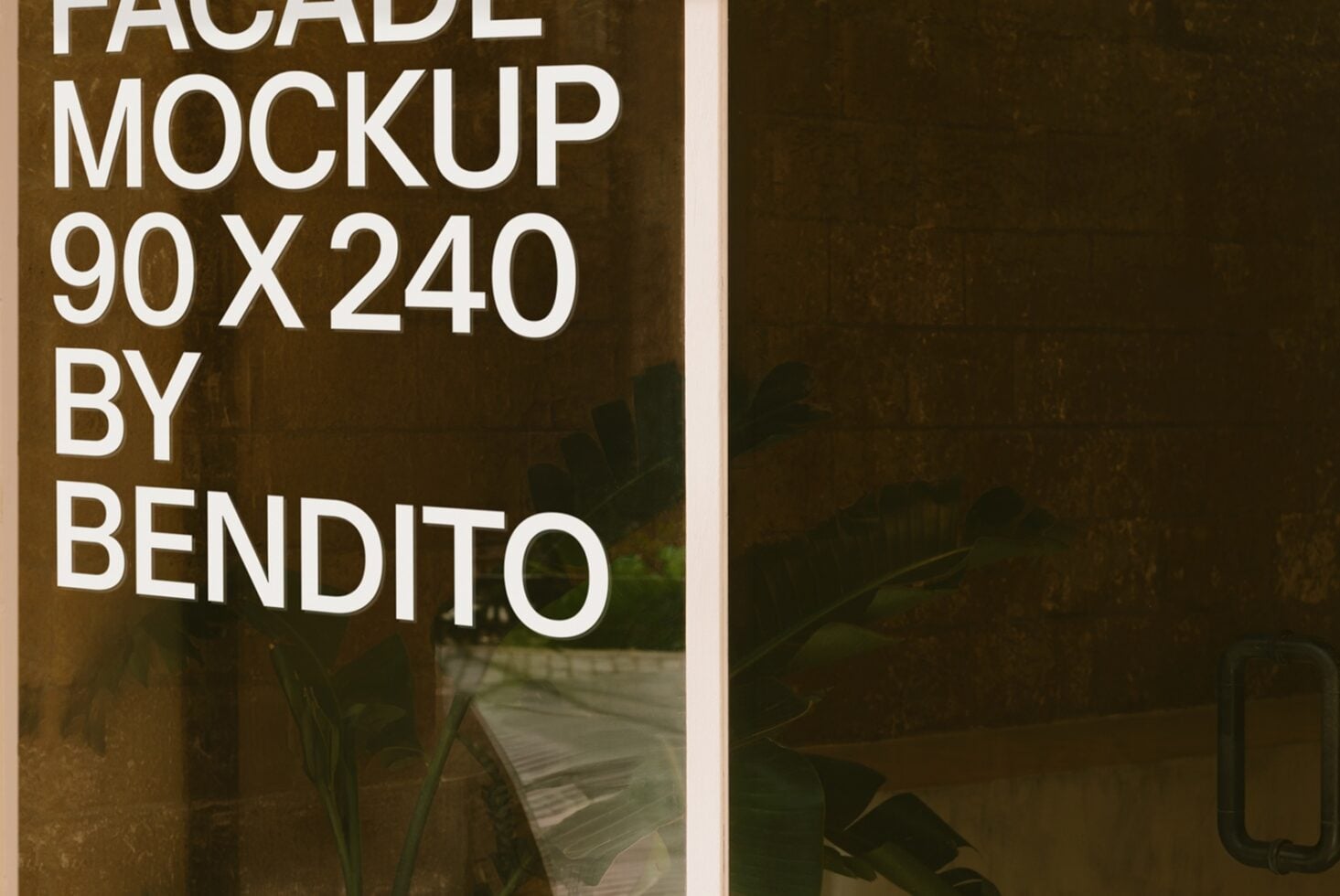 Building facade mockup 90x240 with white sans serif text on weathered brick, plants visible through glass