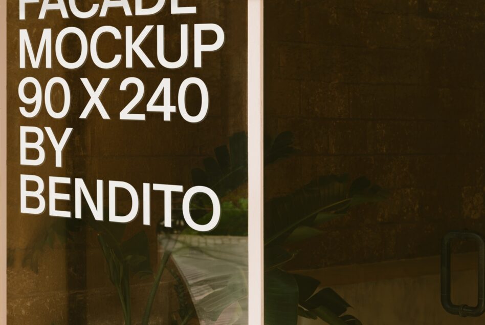 Building facade mockup 90x240 with white sans serif text on weathered brick, plants visible through glass