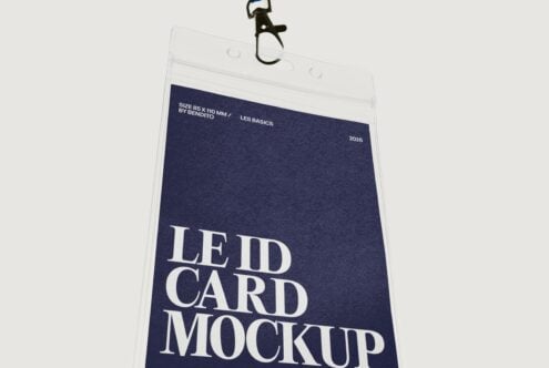 ID card mockup with black carabiner clip on clear plastic holder with navy card inside