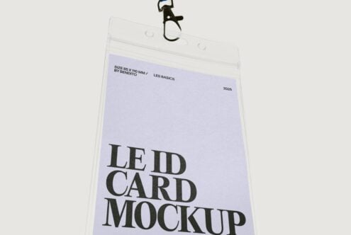 Clear plastic ID badge holder with lanyard showing lavender card mockup inside