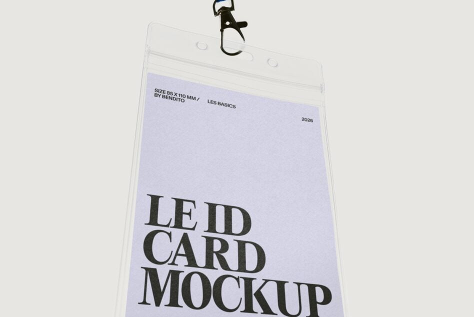 Clear plastic ID badge holder with lanyard showing lavender card mockup inside