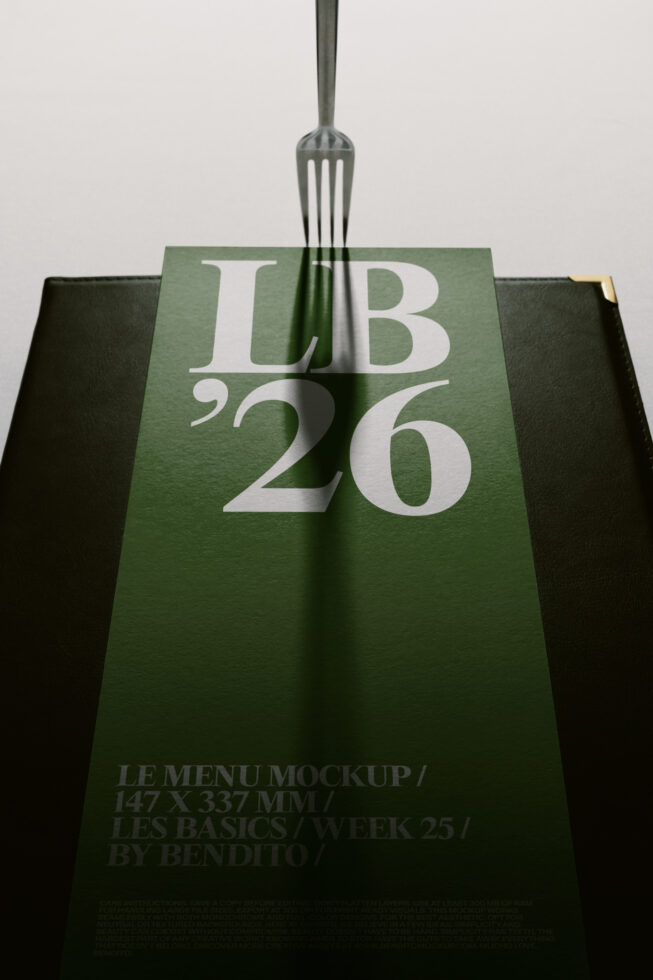 Fork casting shadow on green restaurant menu mockup with typography
