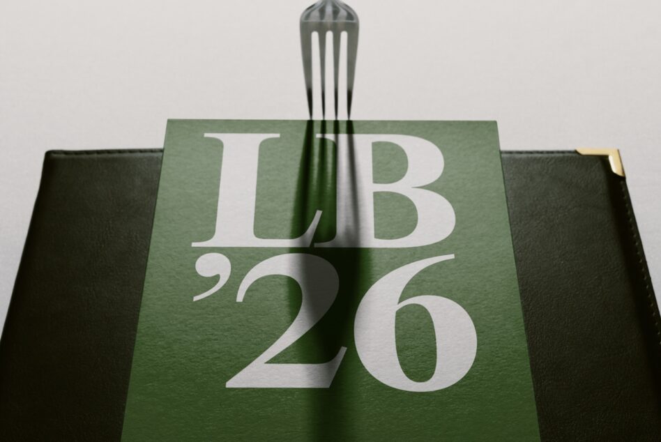 Hardcover book mockup with sage green cloth cover showing LB 26 typography in white
