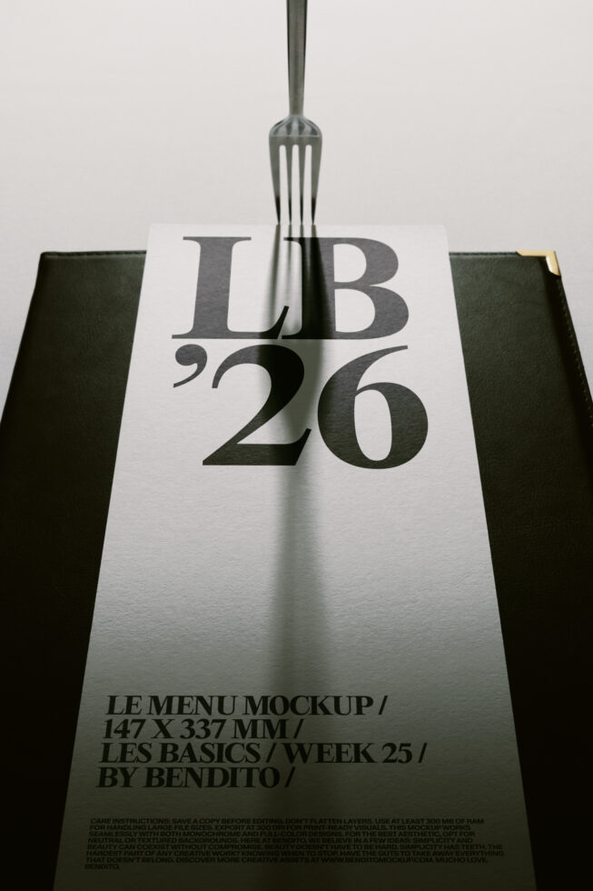 Fork casting shadow on minimalist menu design mockup with typography