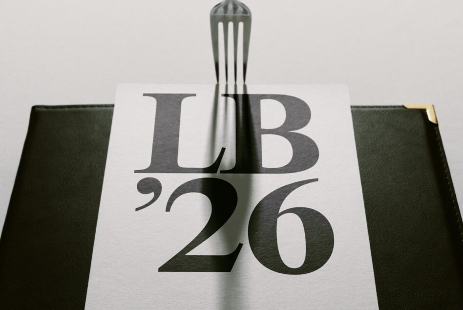 Book cover mockup with sage green linen texture, modern serif typography, brass corner detail, fork styling element