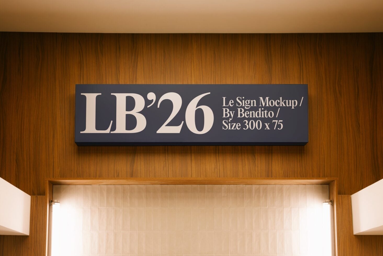 Dark storefront sign mounted on warm wood paneling with cream serif typography above lit doorway