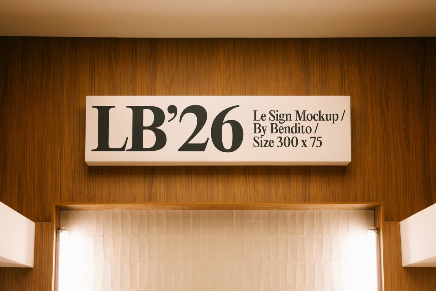 Horizontal storefront sign with serif typography mounted on warm wood paneling above doorway
