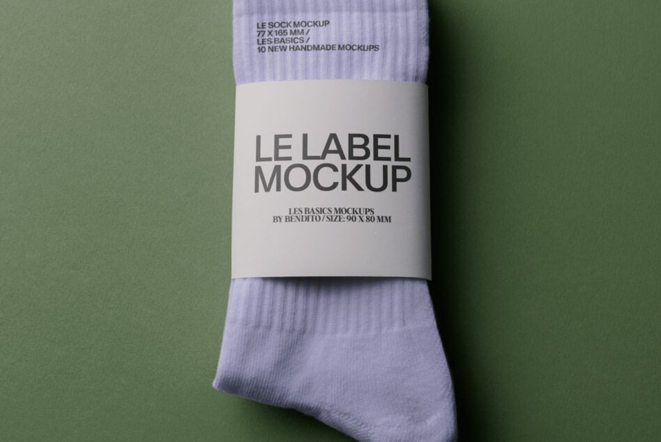 Lavender crew socks with white label band showing "LE LABEL MOCKUP" text on sage background