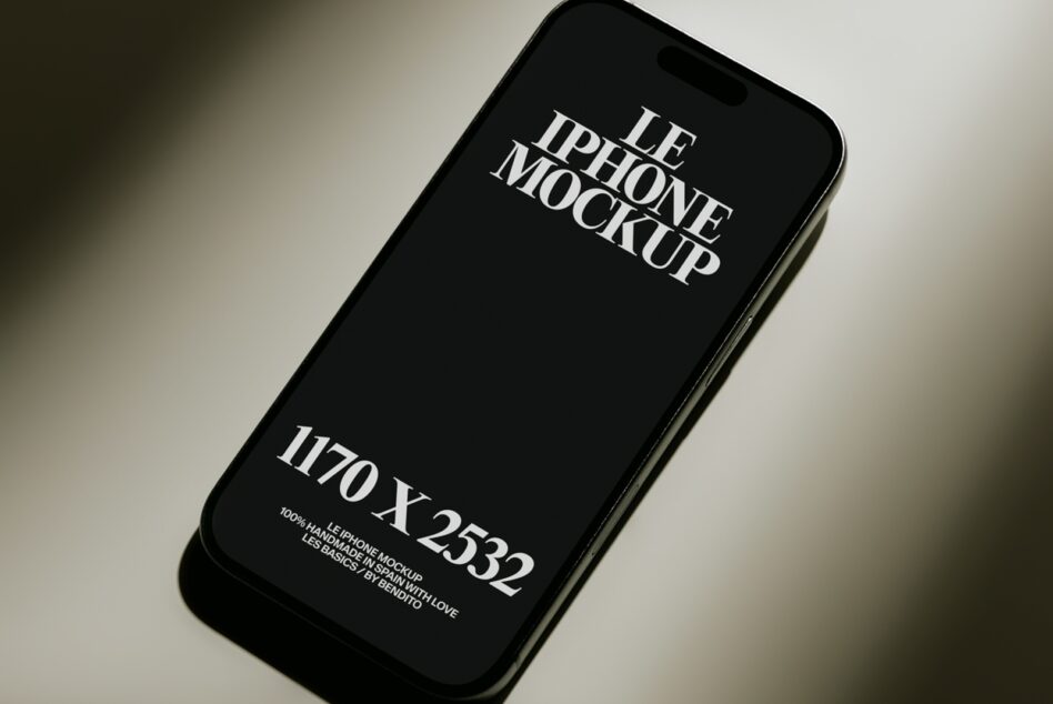Black iPhone 12 Pro mockup with serif typography on dark screen, angled view on neutral background