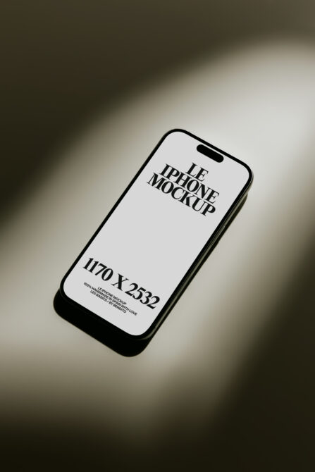 Black iPhone 14 Pro mockup with angled view, white screen, dramatic shadow lighting