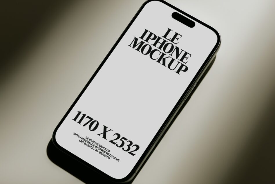 iPhone 14 Pro mockup showing clean minimal screen display with serif typography layout