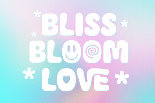 Pastel gradient background with chunky white text saying "Bliss Bloom Love" surrounded by sparkle shapes