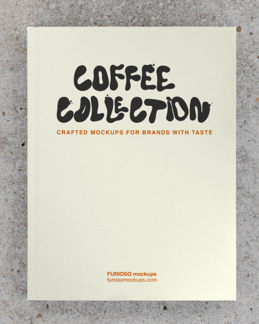 Cream paper with bold black "Coffee Collection" text, orange tagline, concrete background