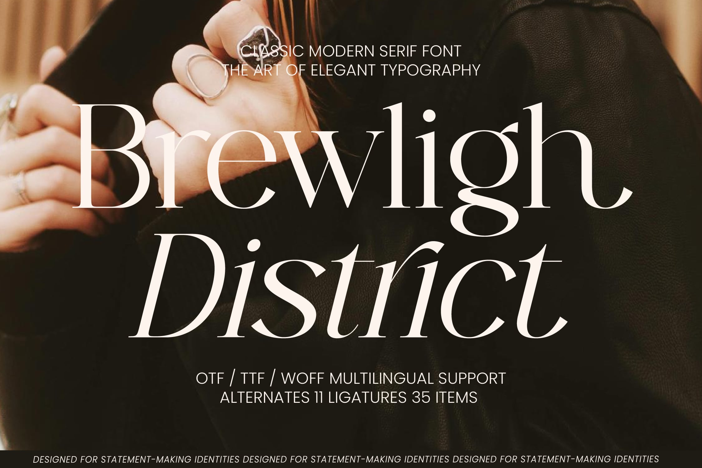 Brewlight Distinct serif font displayed on dark background with elegant hands wearing gold rings