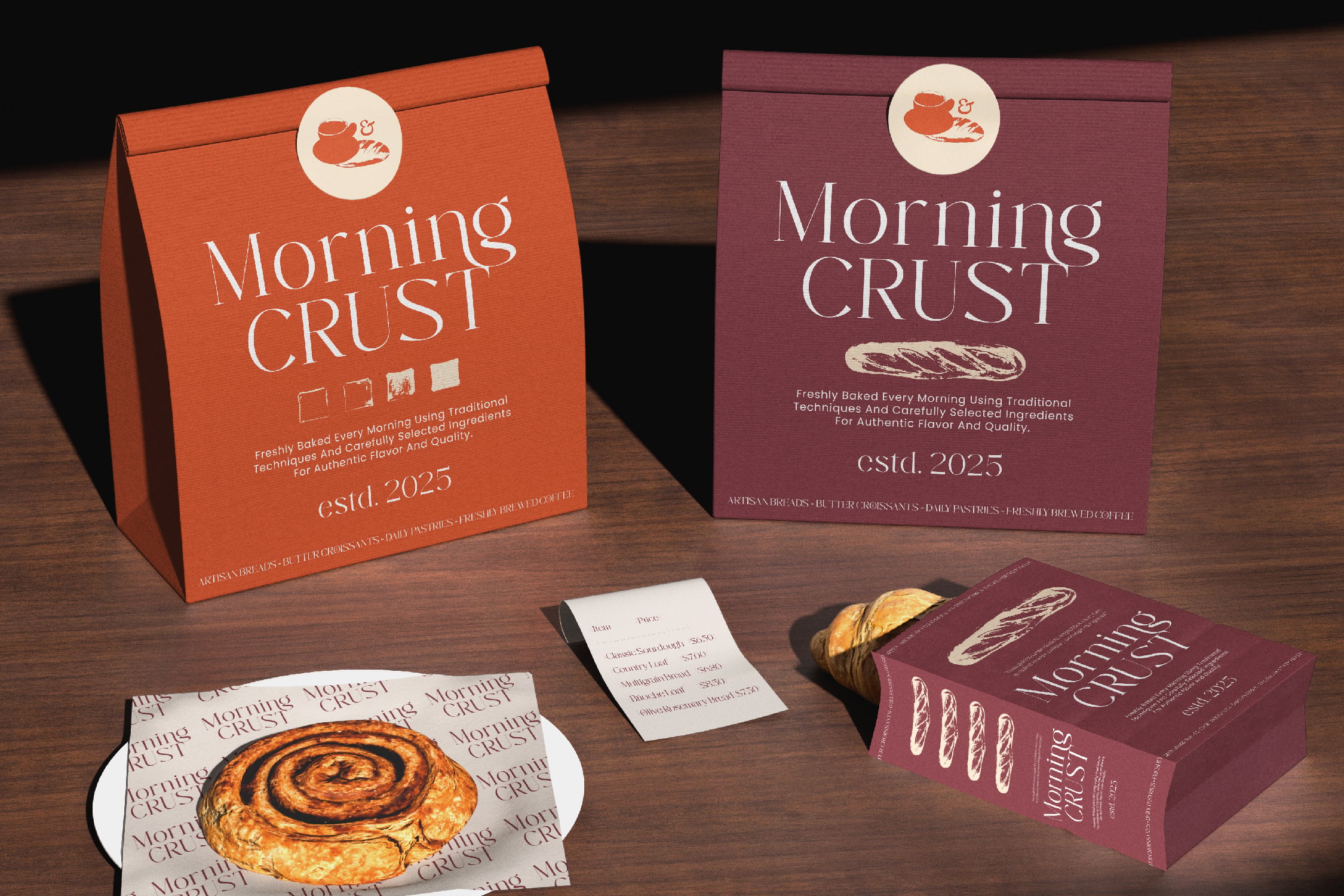 Morning Crust bakery branding mockup with orange, burgundy packaging, business cards, boxes