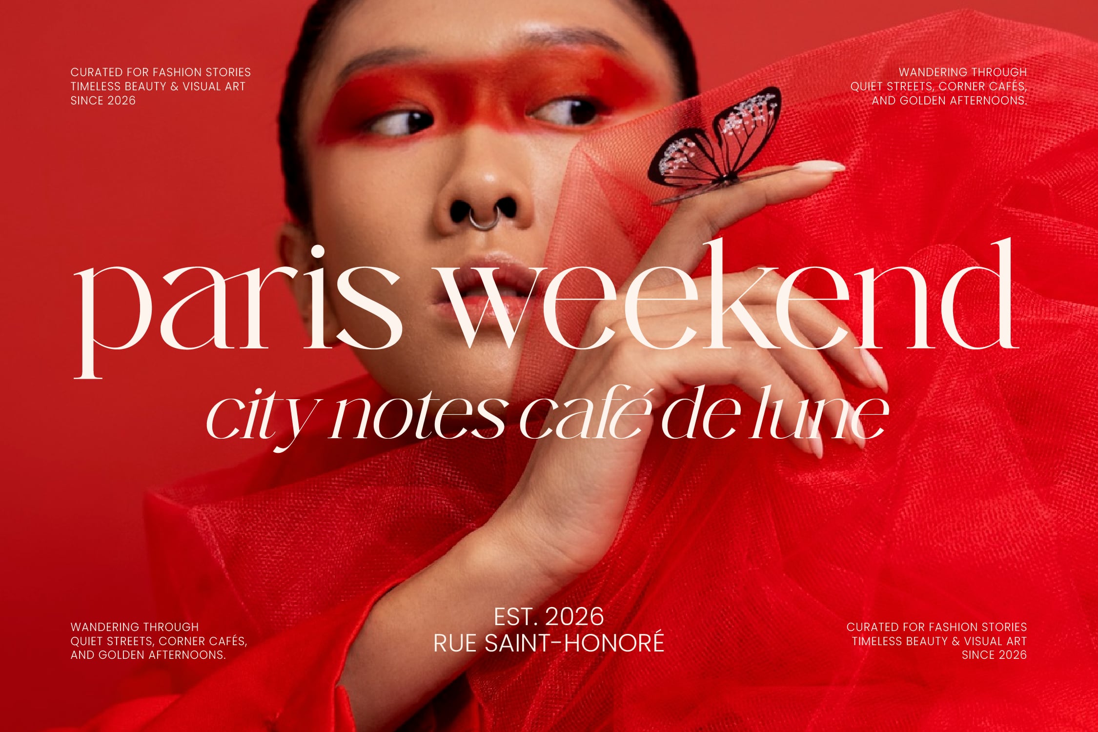 Woman in bold red eyeshadow holding butterfly on fabric, Paris Weekend typography mockup
