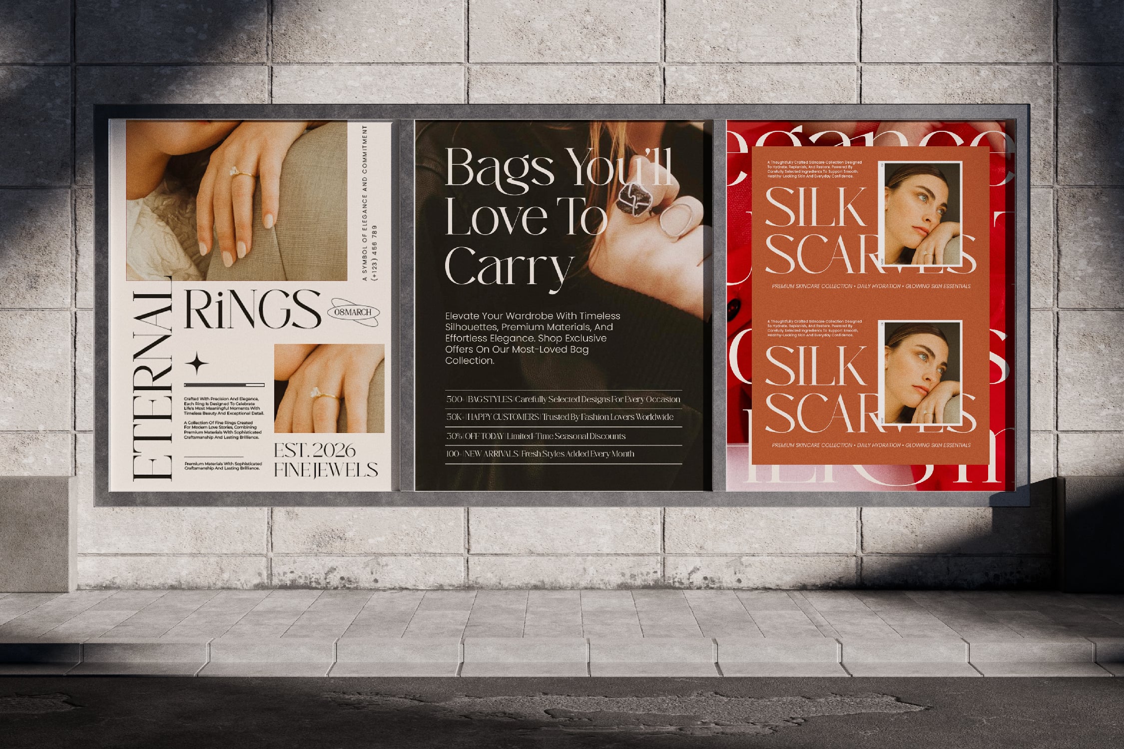 Three storefront posters displaying luxury fashion campaigns for rings, bags, plus silk scarves on concrete tile wall